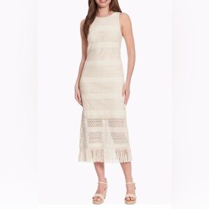 London Times Natural Fringe Sleeveless Bohemian Crochet‎ Midi Dress